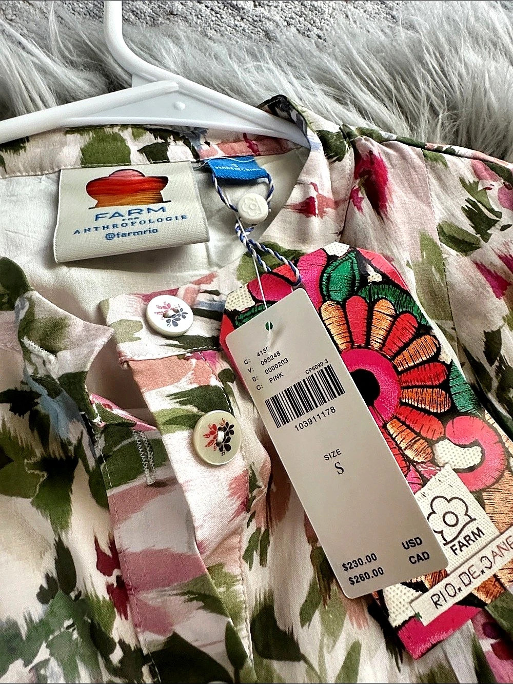 🌺🌺NEW FARM Rio for Anthropologie Beaded-Belt Mini Shirtdress Pink & Green Small - Picture 4 of 8